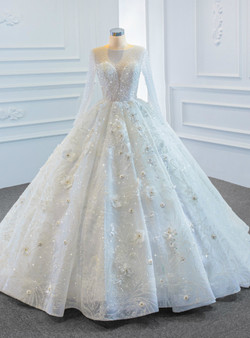 White Tulle Long Sleeve 3D Flower Beading Sequins Wedding Dress